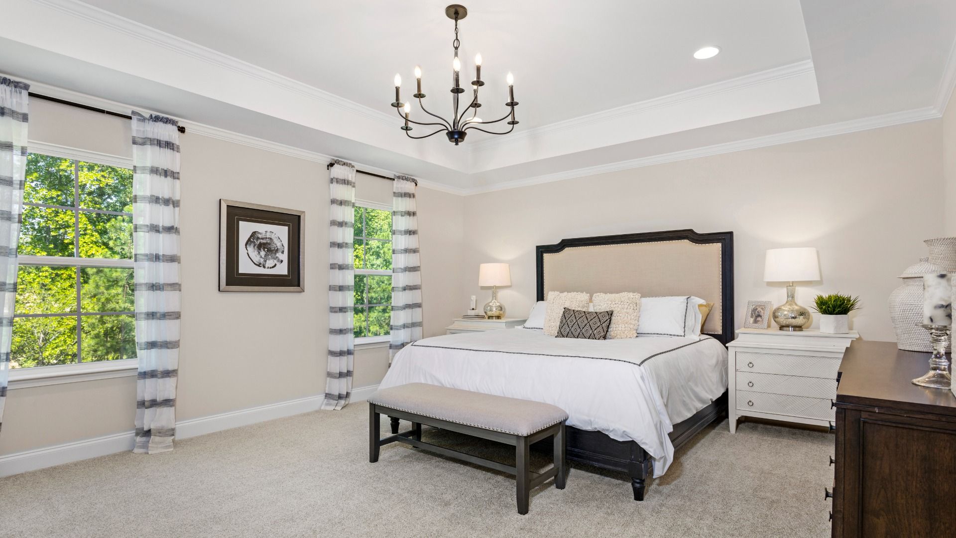 Owner's suite features a white tray ceiling, pendant light, and two large windows facing the green yard.