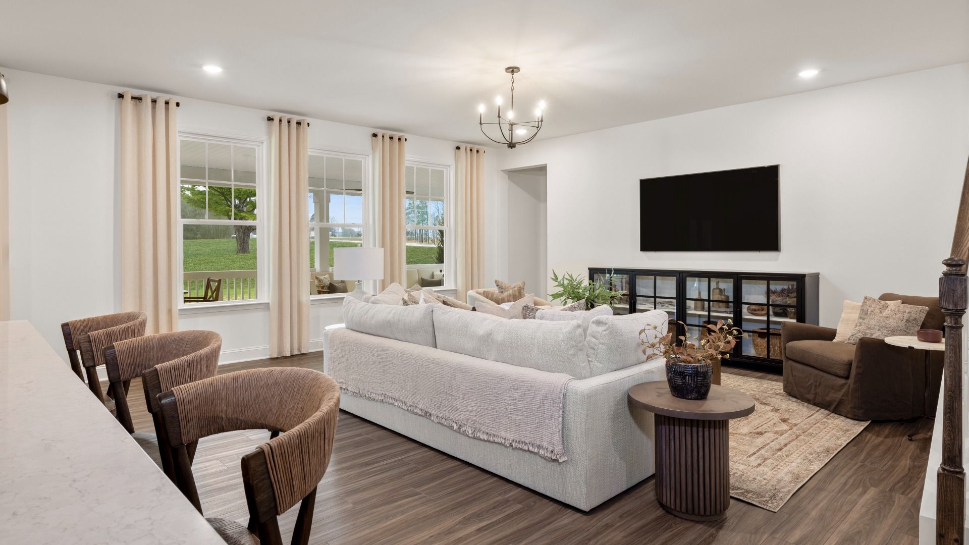 Townsend home plan open concept living space/family room connected with kitchen and breakfast area