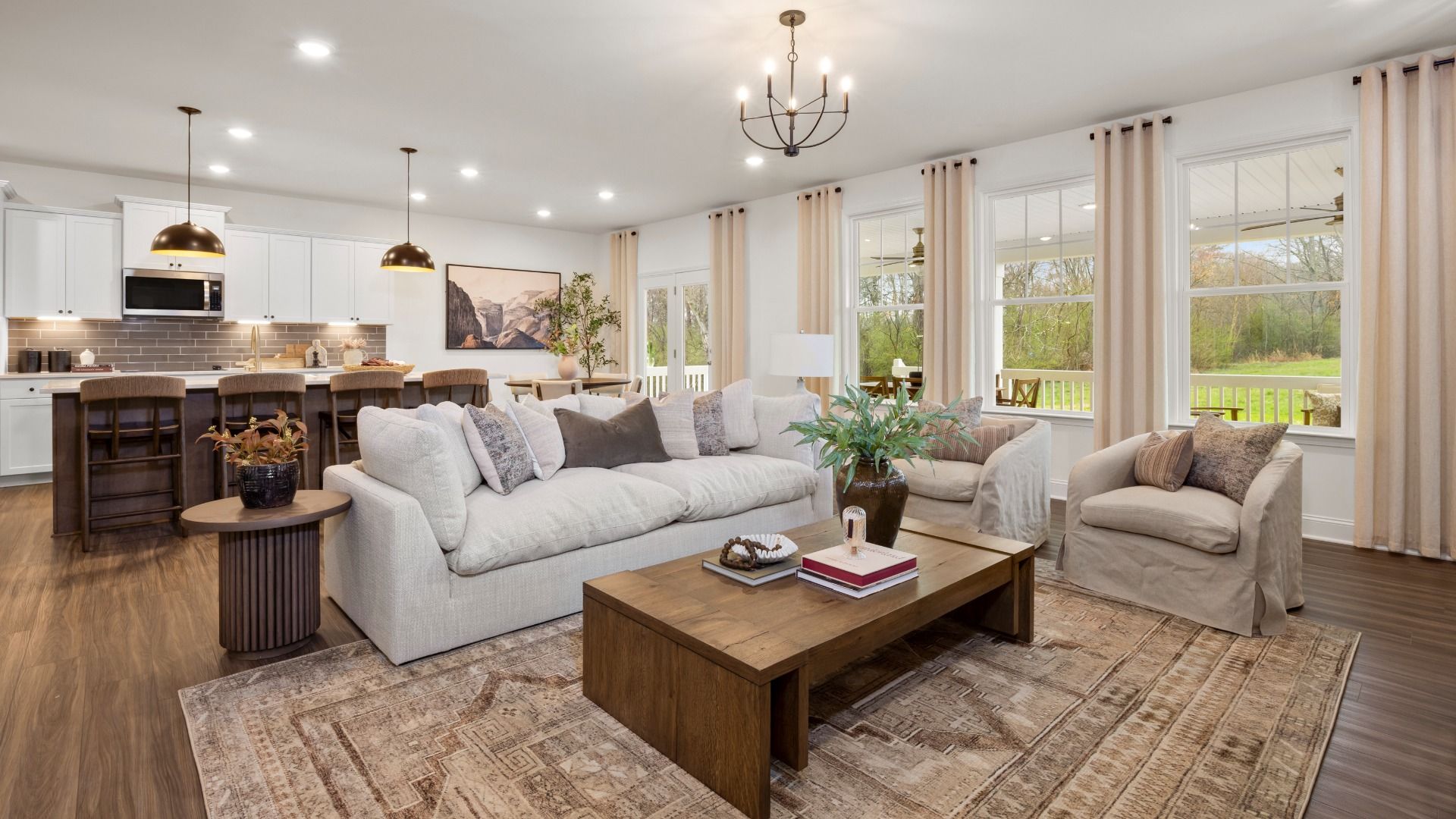 Townsend home plan open concept living space/family room connected with kitchen and breakfast area