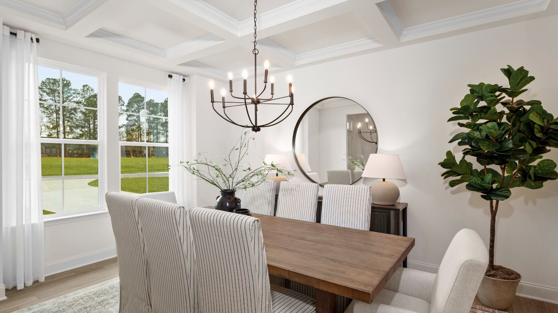 Stonefield home plan formal dining room with coffered ceilings