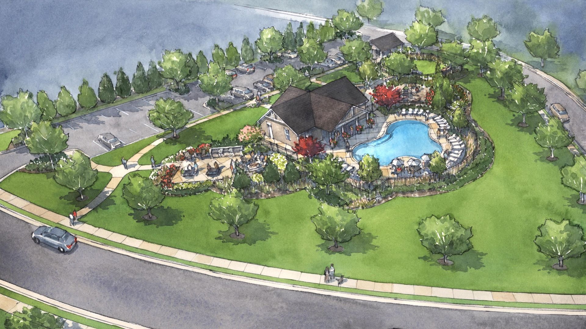 Community amenities at Westwind Estates including spa-like pool and lounging, pavilion, dog park, and firepit in Hampton, GA.