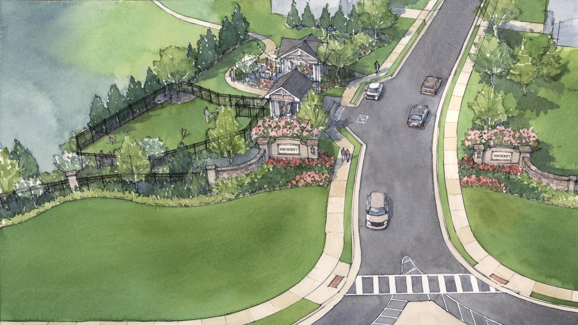 Entrance and amenities including fenced dog park and pavilion in Northcroft new construction single family home community.