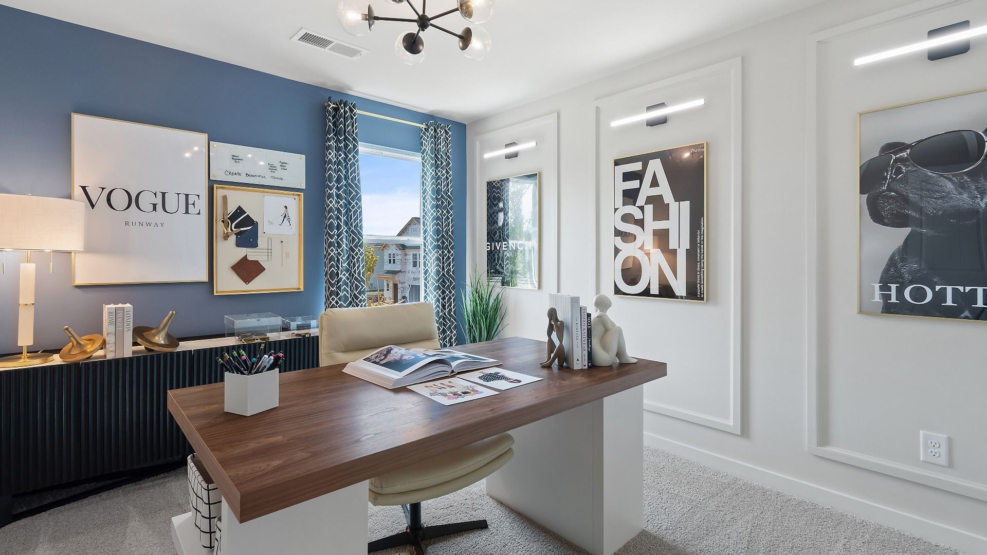 Home office with large window and modern finishes at new construction single family home at Westminster.