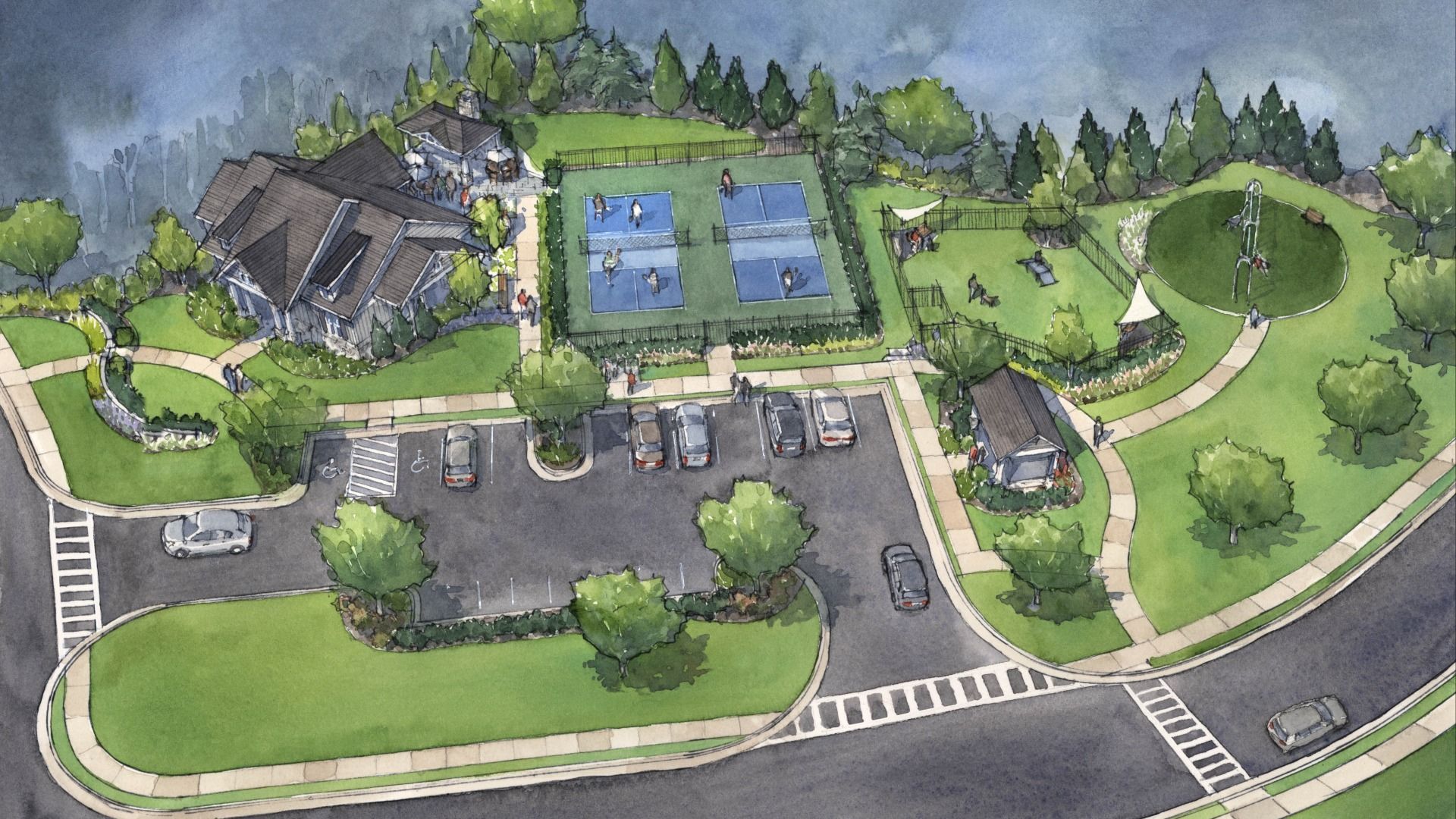 Community amenities featuring pickle ball court, dog park, and covered pavilion at The Park at Brighton in Locust Grove, GA.