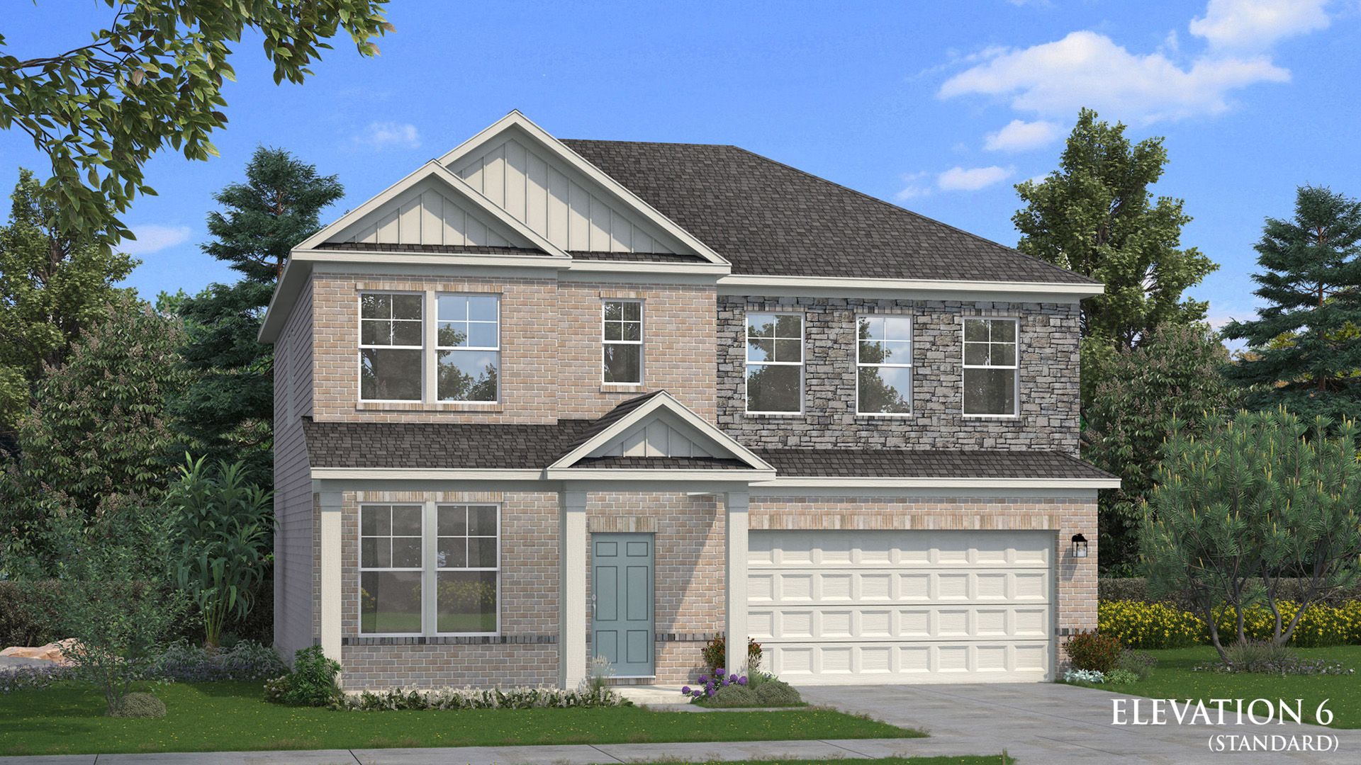 Ridgewood elevation 6 brick and stone exterior with front-entry garage two-story single family home at Abbotts Crossing.