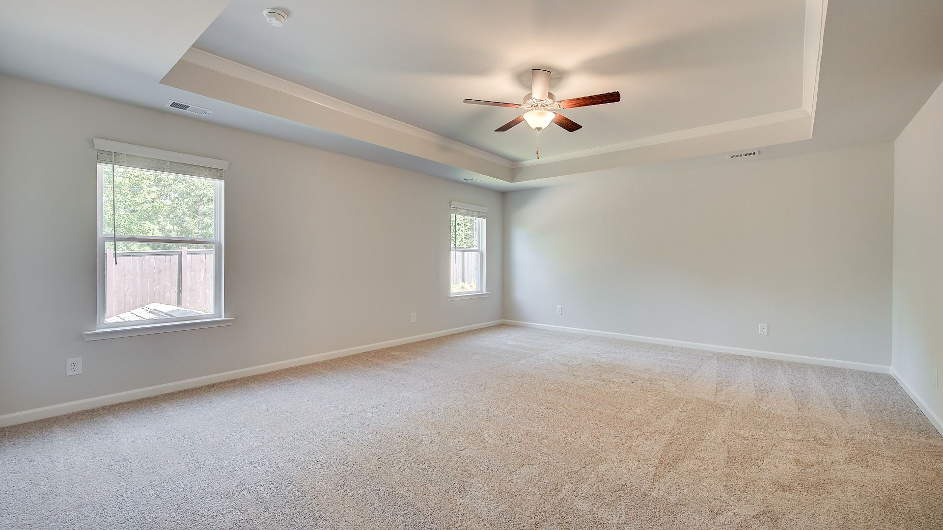Spacious Wagener primary suite with tray ceiling, carpet flooring, and natural light at Bowers Farm in McDonough, GA.