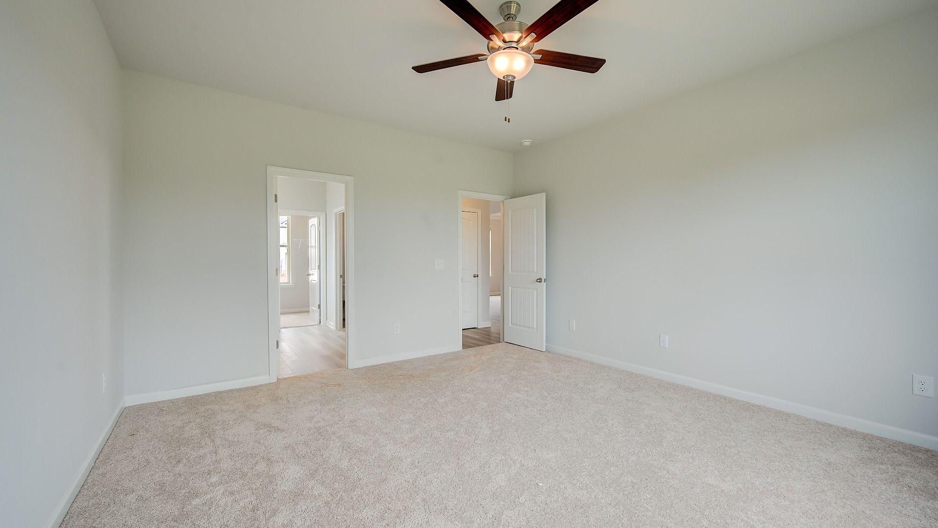 Meridian II primary suite with coffered ceiling, carpet flooring, and connected bath at Brighton in Locust Grove, GA.