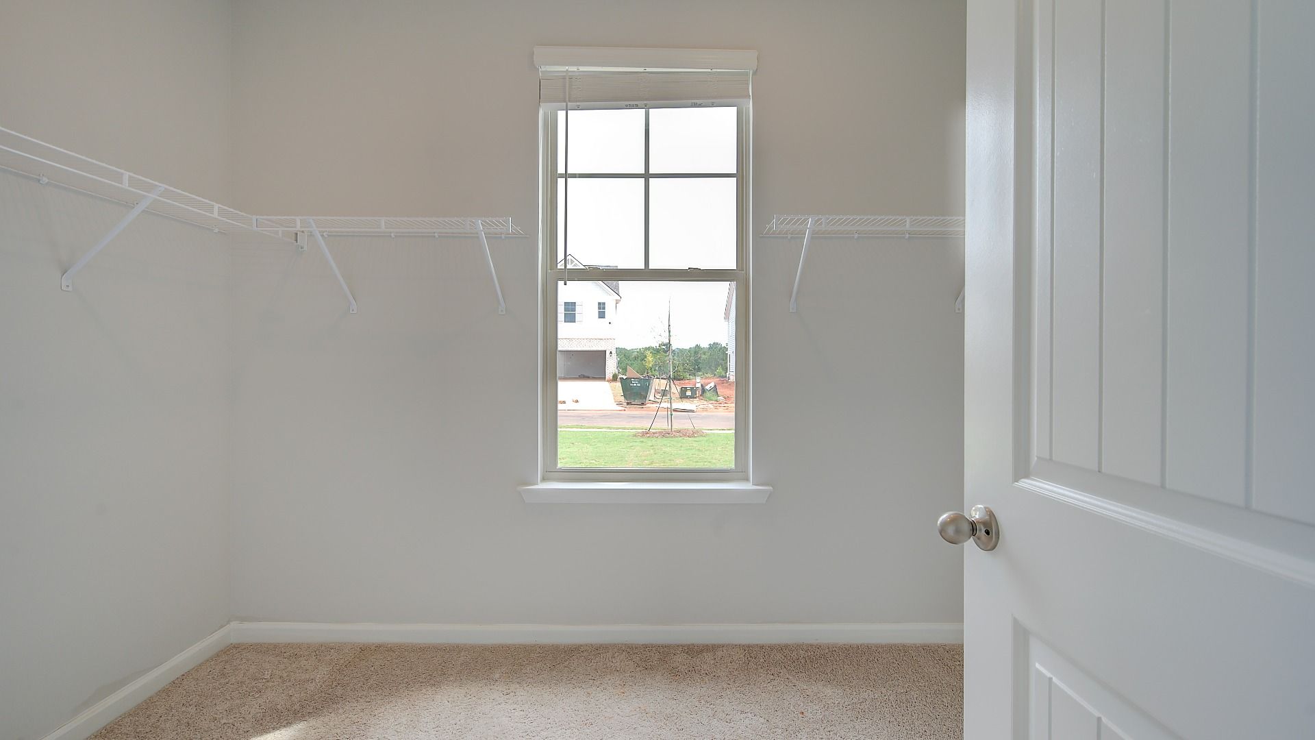 Spacious primary closet with carpet flooring, built-in shelving, and natural light in the Meridian II at Brighton.
