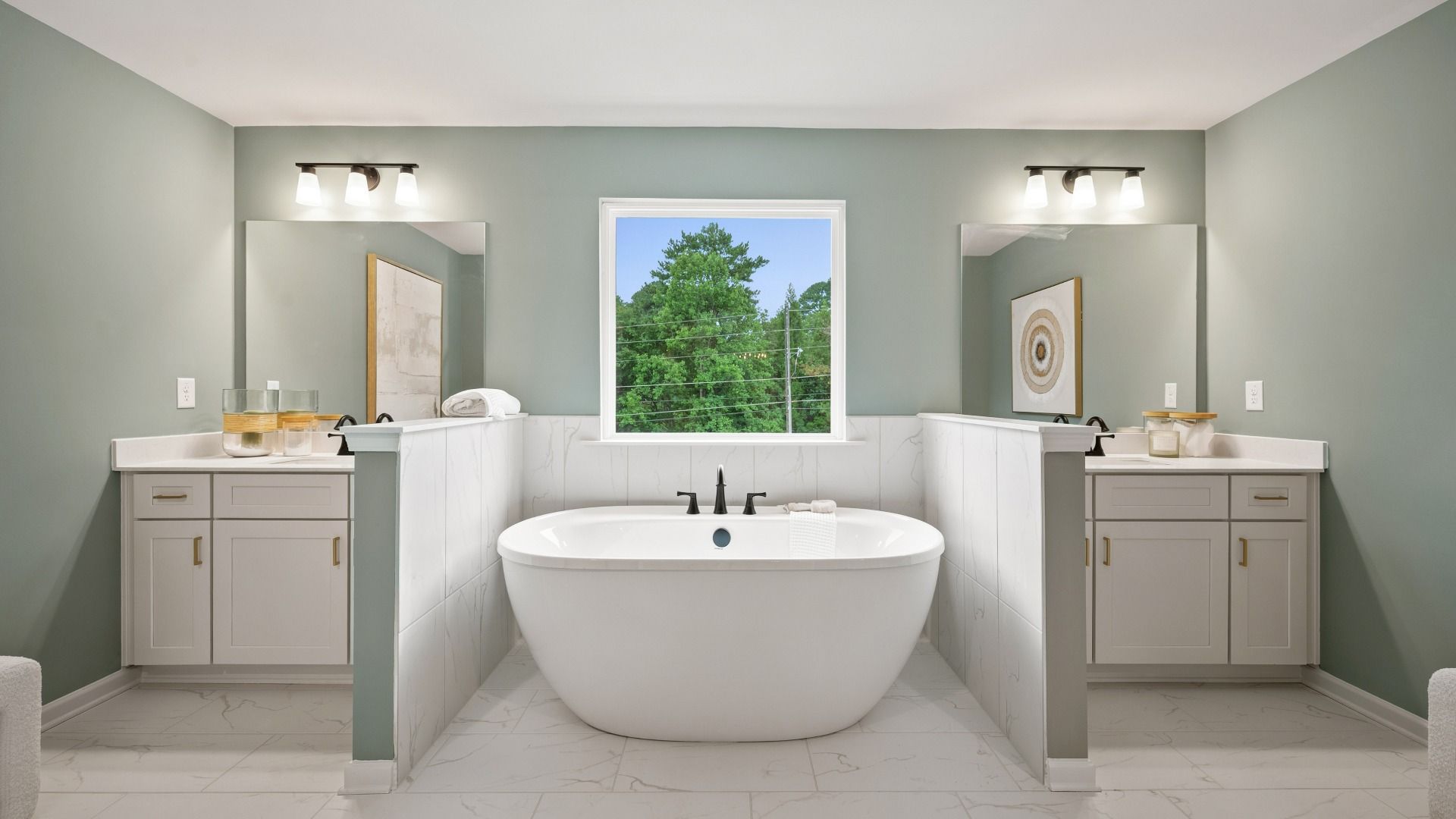 Rosemary II primary bath with dual vanities, freestanding tub, and elegant tile design at Brighton in Locust Grove, GA.
