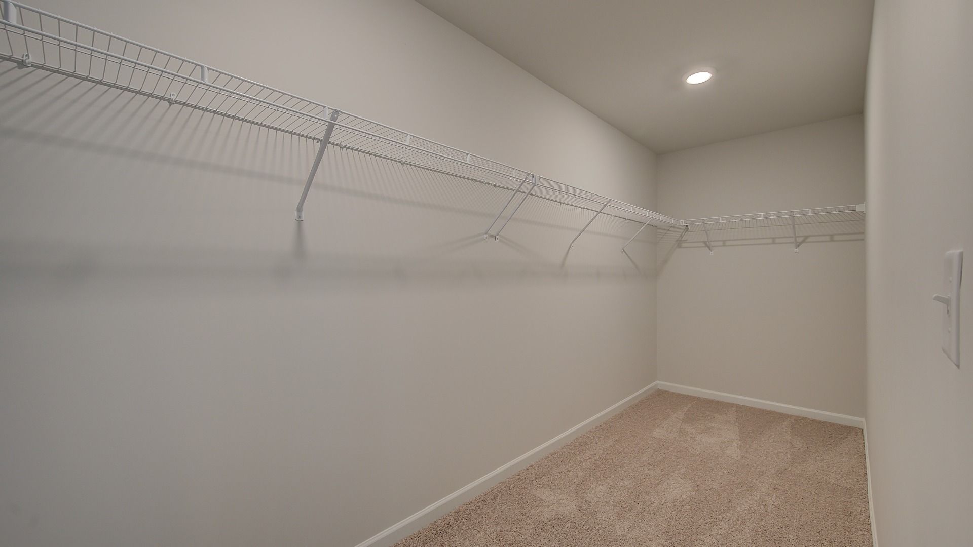 Primary walk-in closet attached to primary bath with carpet flooring and built-in shelving in the McKinley II at Brighton.