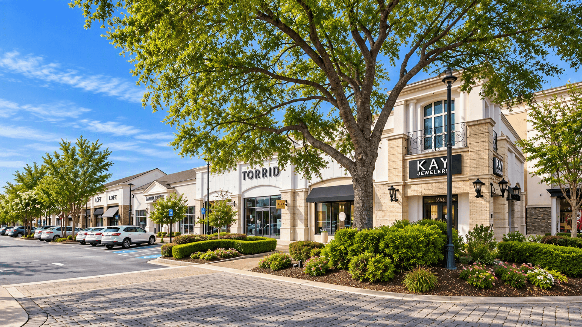 Pedestrian-friendly outdoor retail strip at Ashley Park near Chapel Hill with dining and shopping in Newnan, GA.