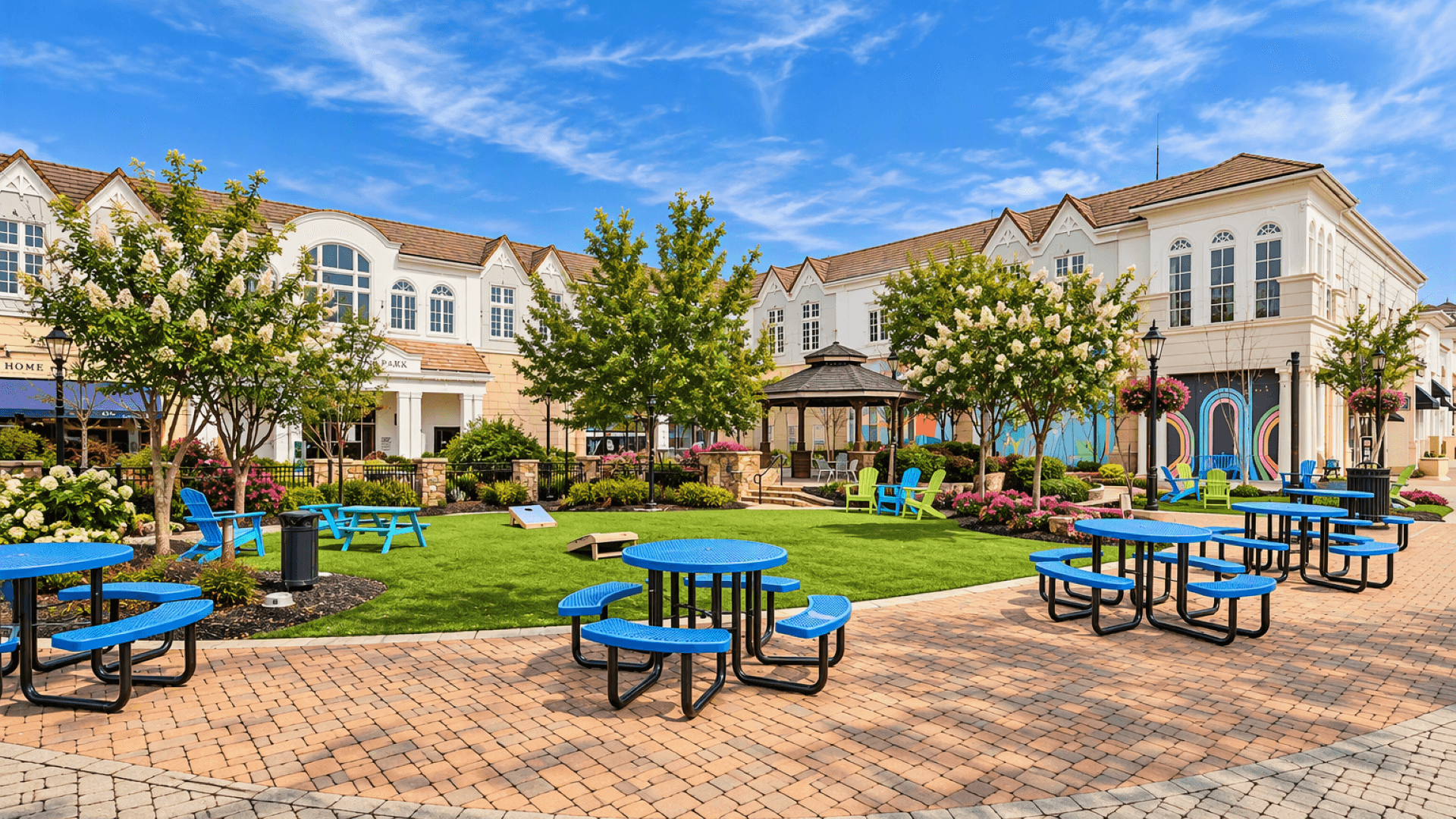 Relaxed greenspace with tables and chairs in Ashley Park for entertainment and gathering near Chapel Hill in Newnan, GA.