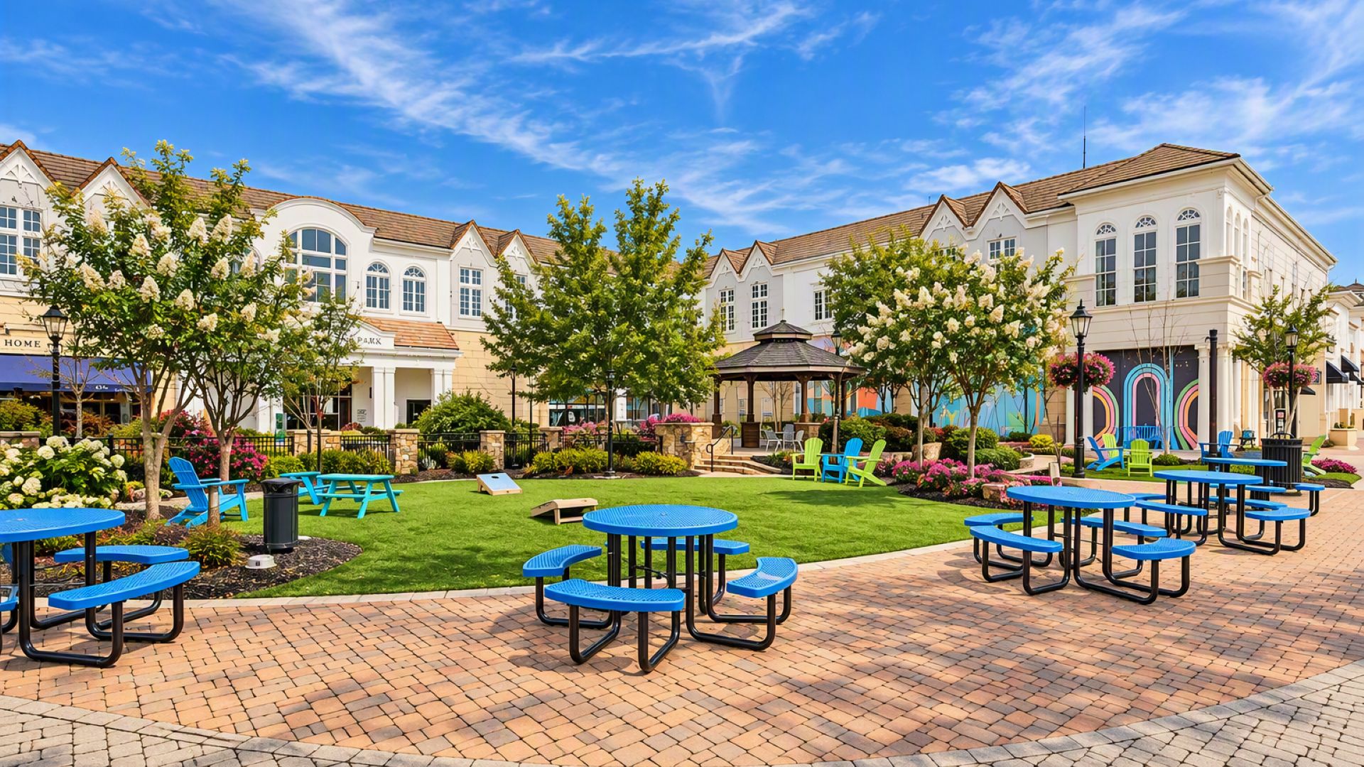 Relaxed greenspace with tables and chairs in Ashley Park for entertainment and gathering near Chapel Hill in Newnan, GA.