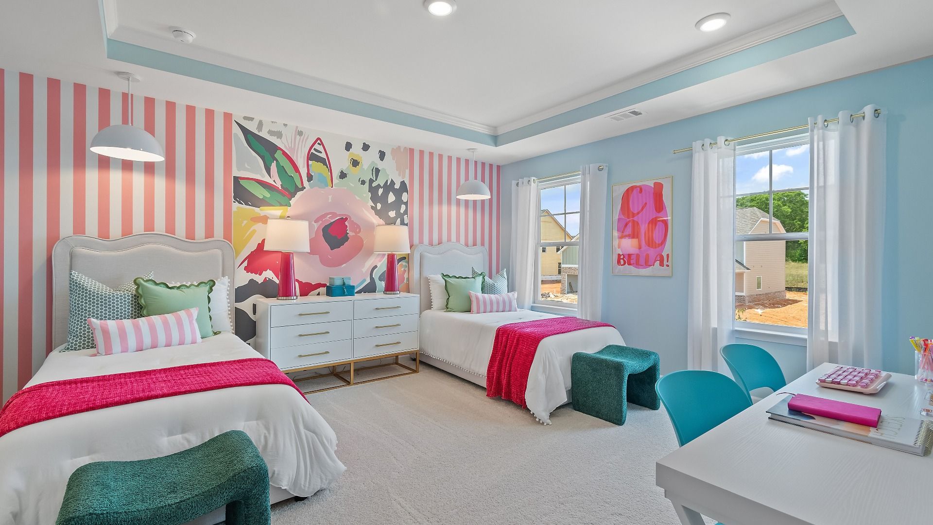 Spacious secondary bedroom with tray ceiling and large windows at Grandview at Millers Mill in Stockbridge, GA.