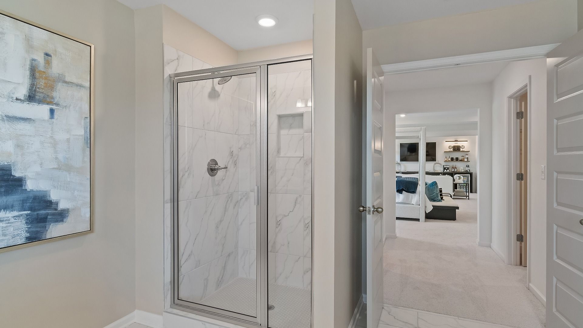 Modern primary bathroom walk-in shower with tile finishes at Grandview at Millers Mill in Stockbridge, GA.