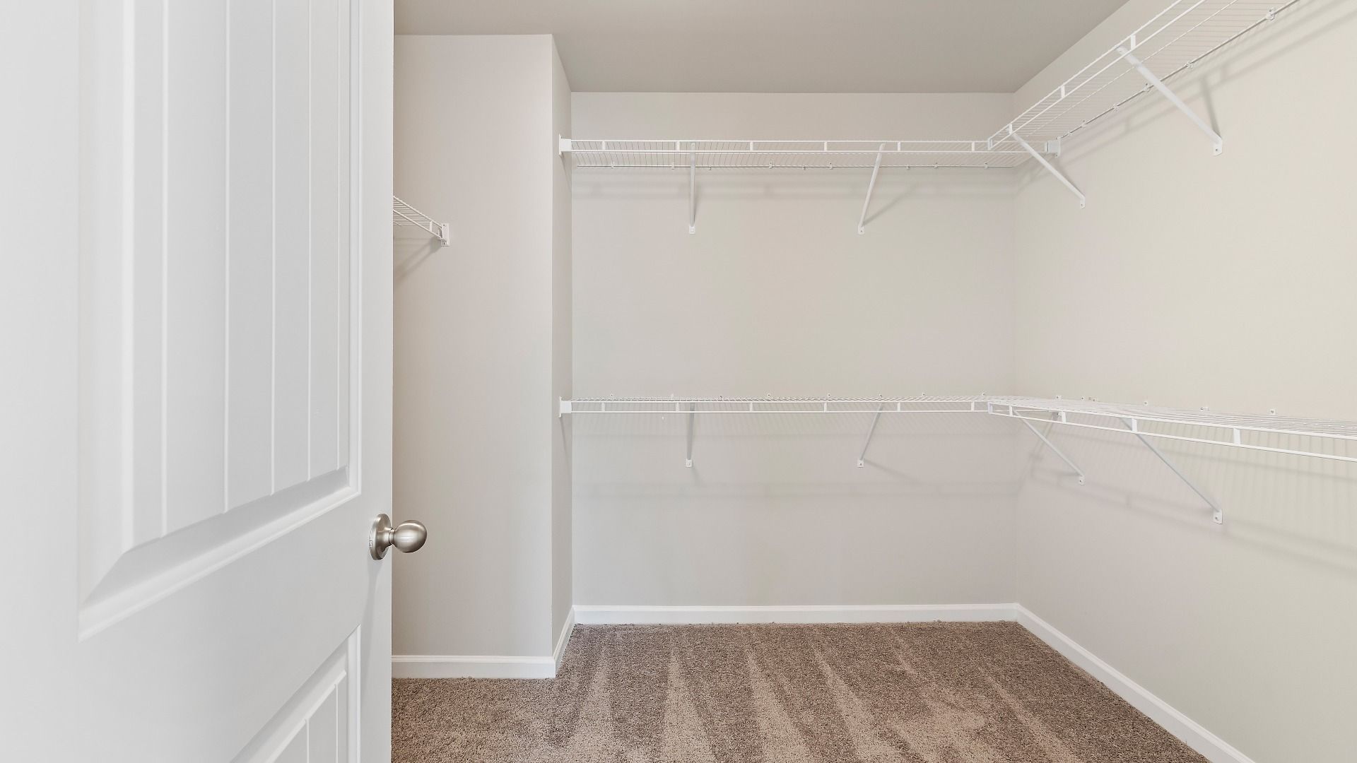 Generously sized primary walk-in closet with carpet flooring and built-in shelving in the Everest III at Berkeley Lakes.