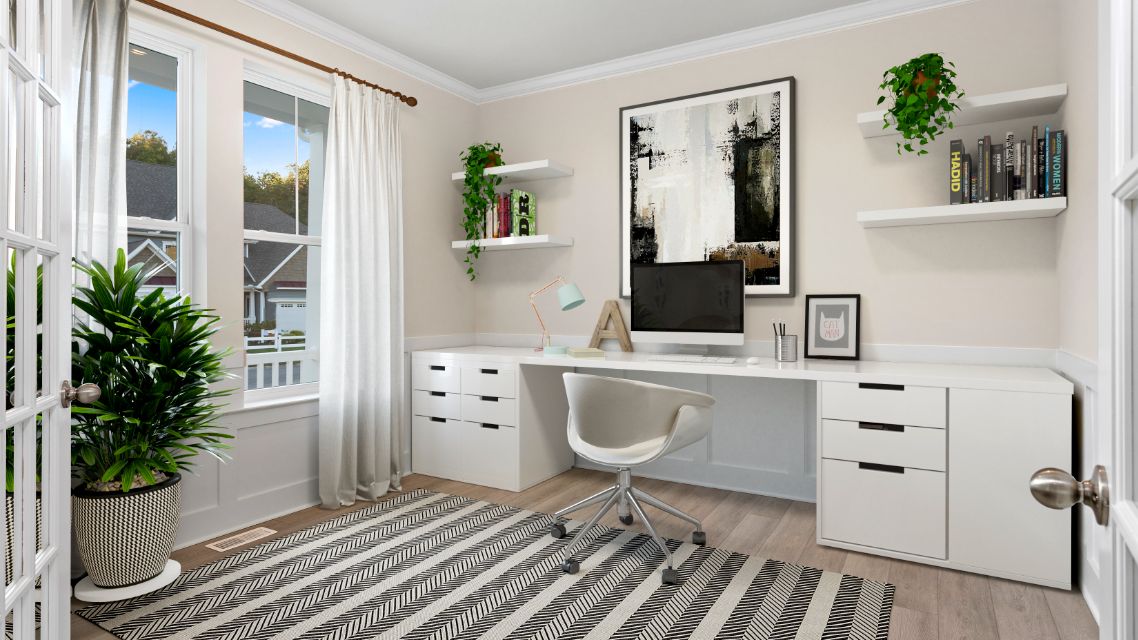 Private office with large double window in a DRB Homes Latitude home.
