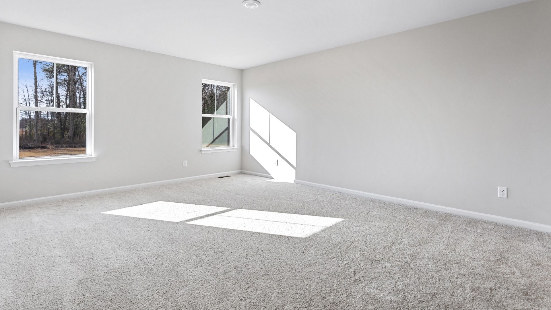 Carpeted owner's suite with 2 large windows in a DRB Homes Cranberry plan at the Village of College Park community.