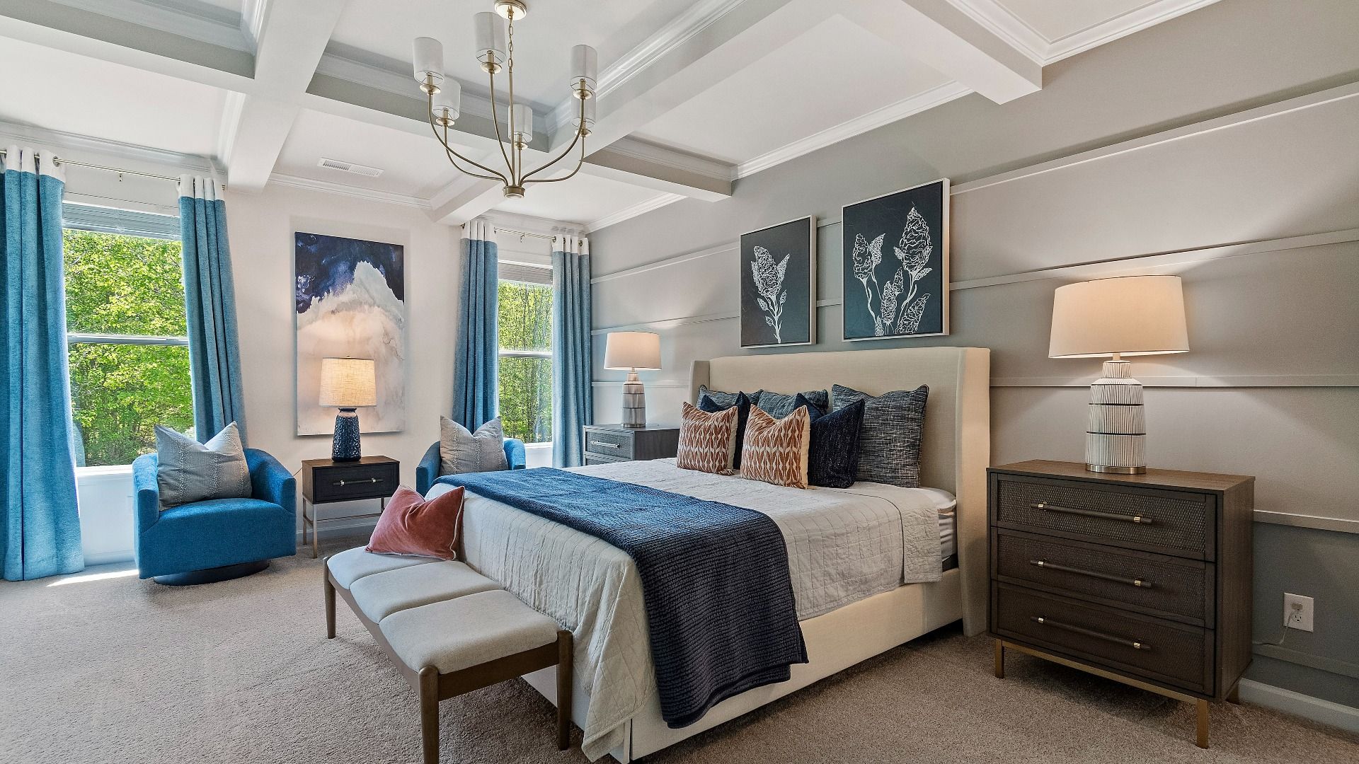 Bright primary suite with coffered ceiling and neutral modern detail at Kingston in Locust Grove, GA.