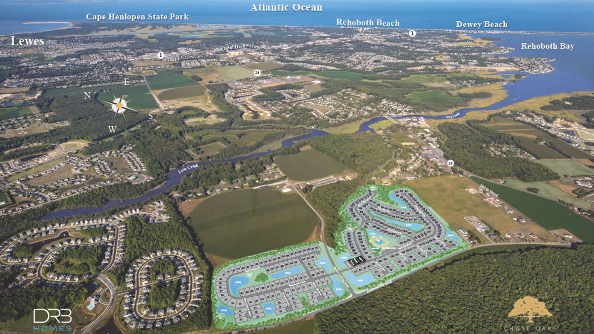 View of Lewes, Rehoboth and Dewey Beach with overlay of Chase Oaks community site plan.