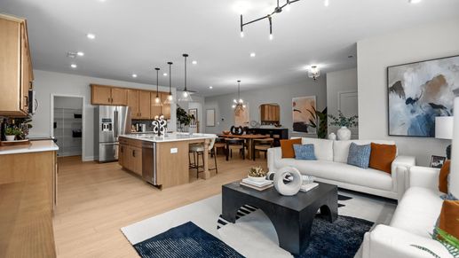 Adaline open-floor concept offers elevated ceiling, large kitchen & island, dining, and family room. DRB Homes. Charlotte, NC