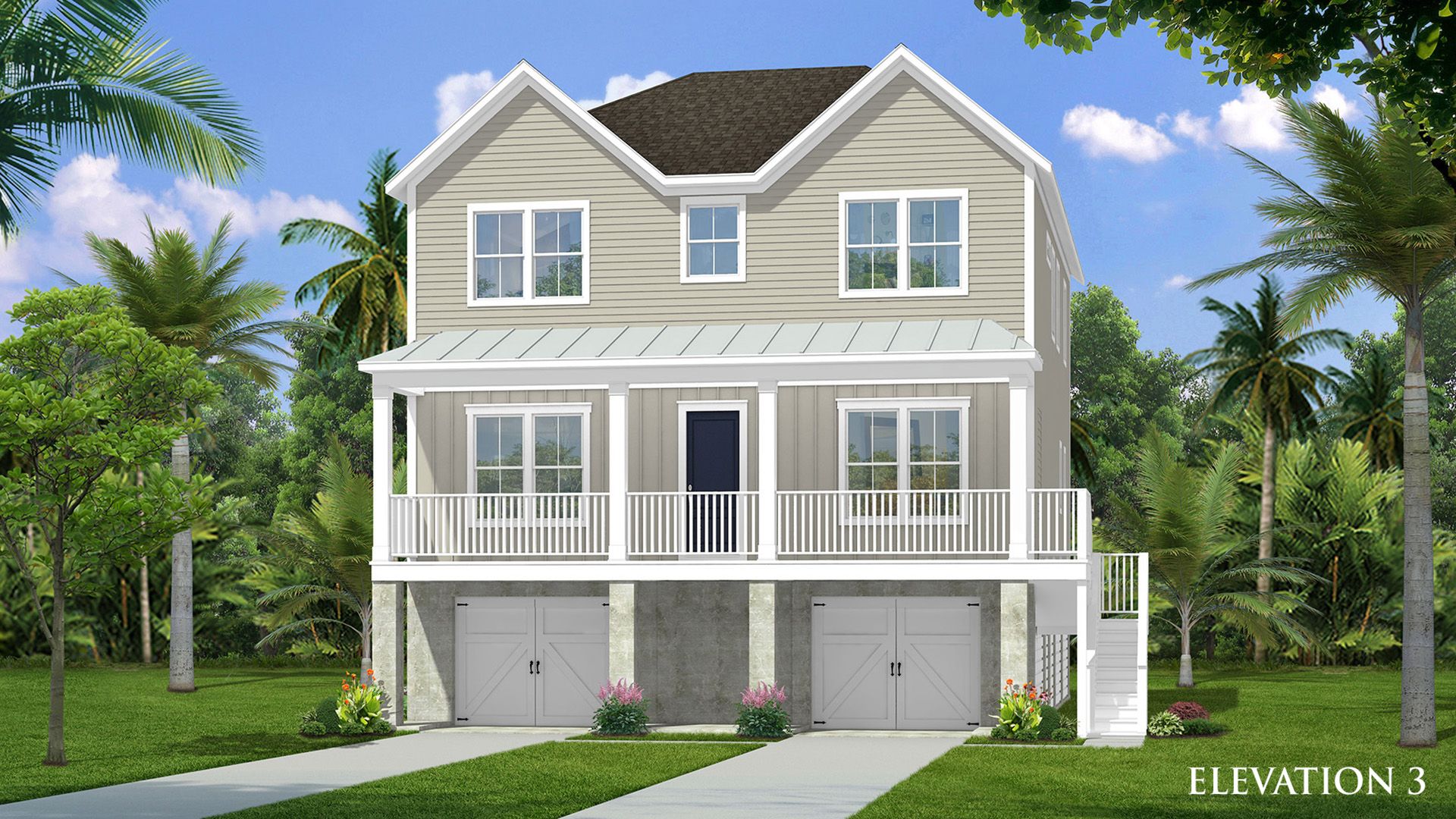The Roanoke model in Fiddle Cove by DRB Homes features new elevated drive under single family homes with the side stairs