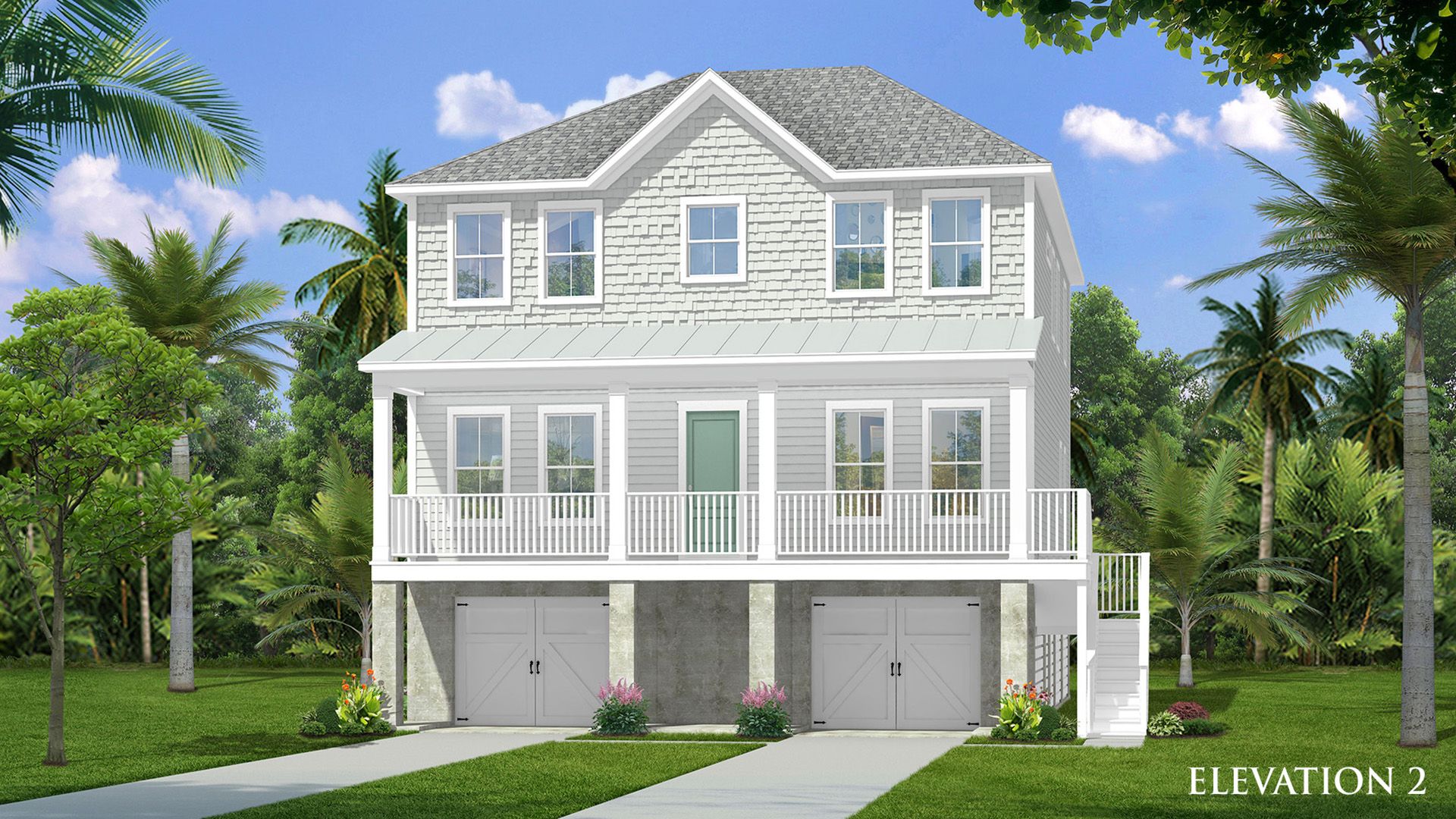 The Roanoke model in Fiddle Cove by DRB Homes features new elevated drive under single family homes with the side stairs