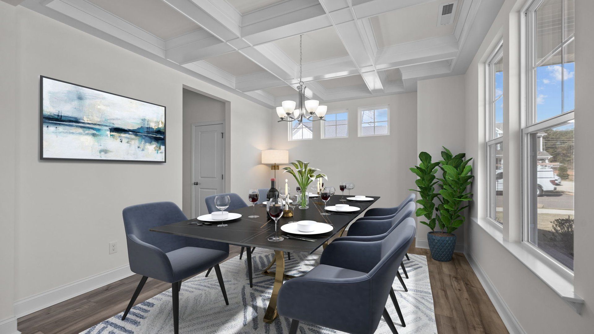 Fairfield design dining with elevated coffered ceiling and large windows, at Lakeside Glen by DRB Homes, York, SC.