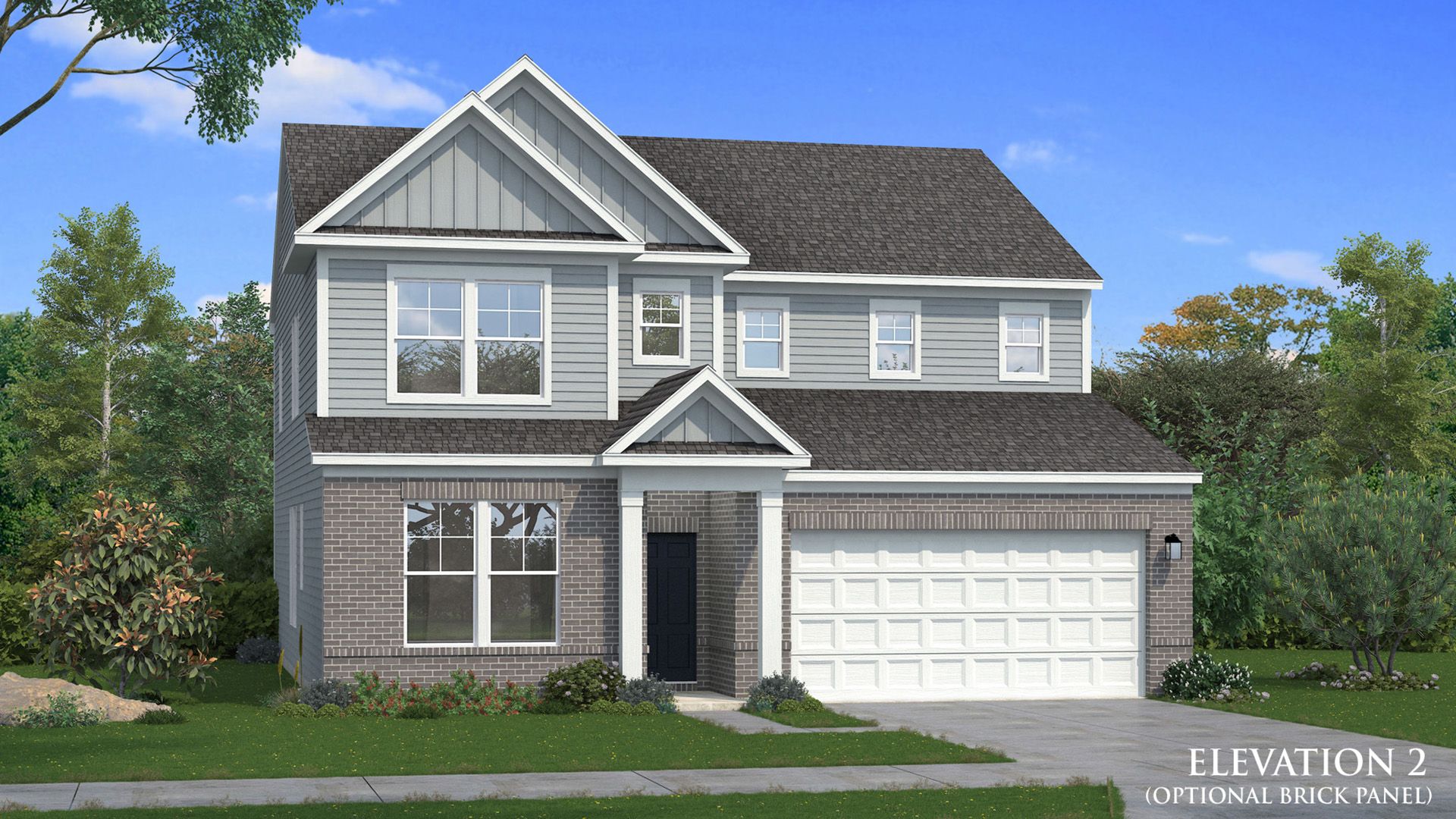 Wynwood elevation 2 first level brick with covered entry and two-car front entry garage at Abbotts Crossing.