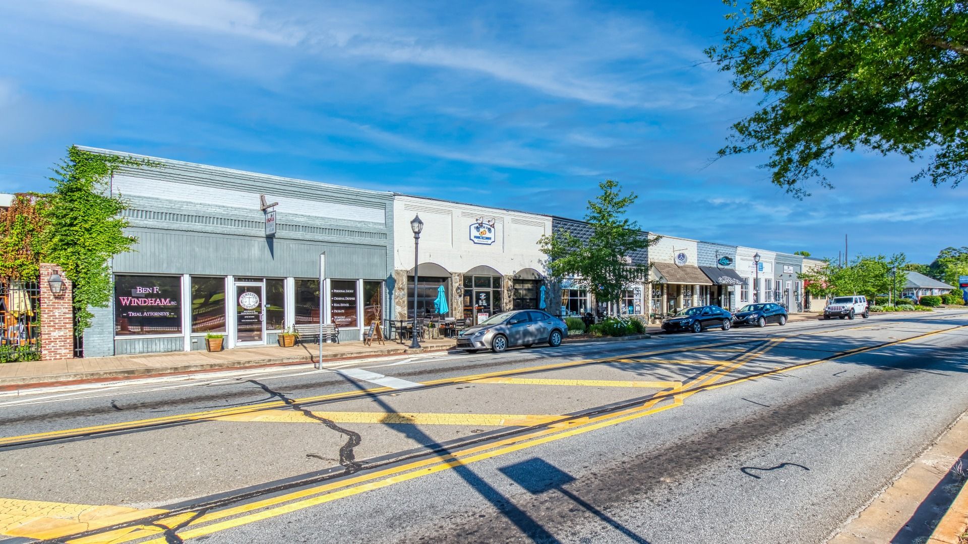 Walkable downtown Locust Grove featuring local restaurants and shops near The Park at Brighton in Locust Grove, GA.