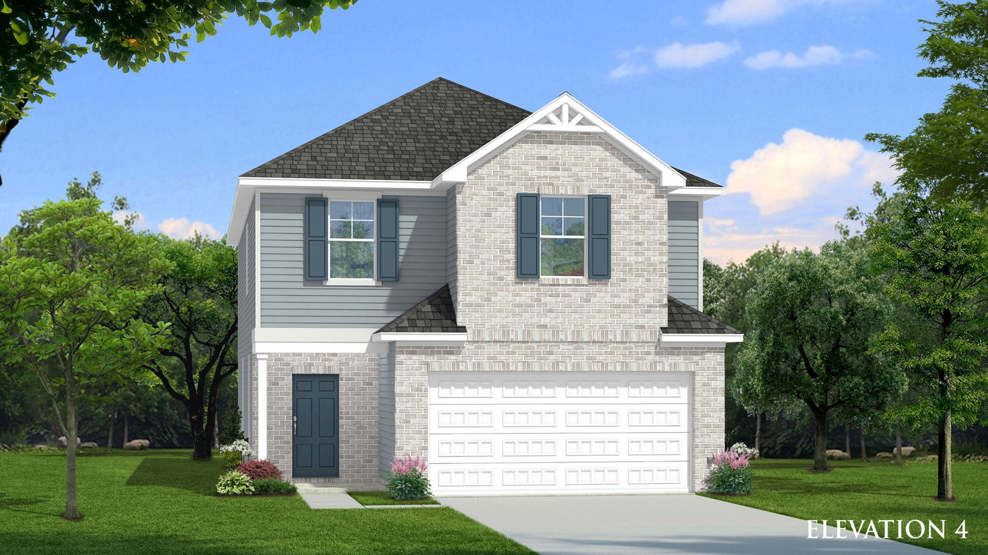 Front exterior of two-story new home with mixed brick and gray siding, blue shutters, and two-car garage.