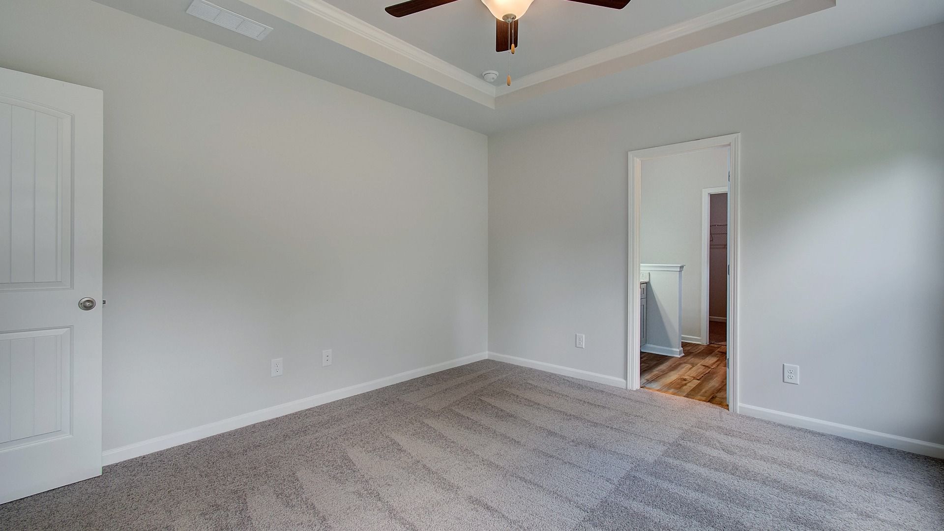 Spacious primary suite with elegant tray ceiling, large windows, and abundant natural light.