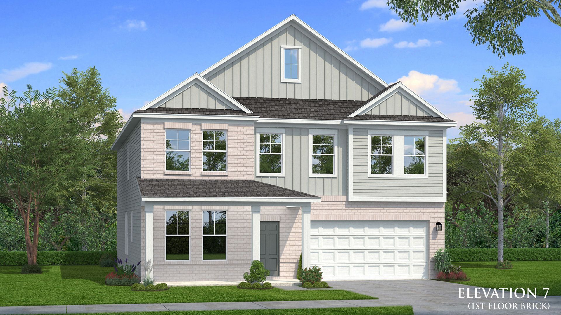 Elevation 7 brick panel Wagener home exterior with two-car front-entry garage and covered entry at Abbotts Crossing.