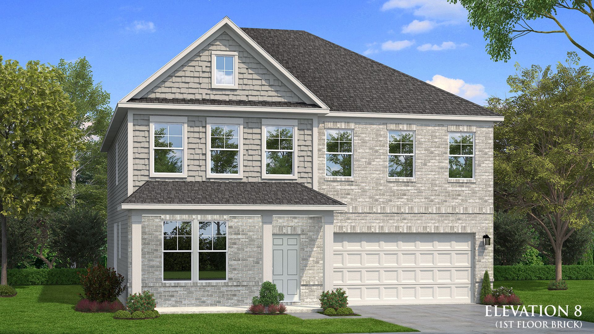 Wagener elevation 8 brick panel plan featuring two-story layout and front entry garage at Abbotts Crossing.