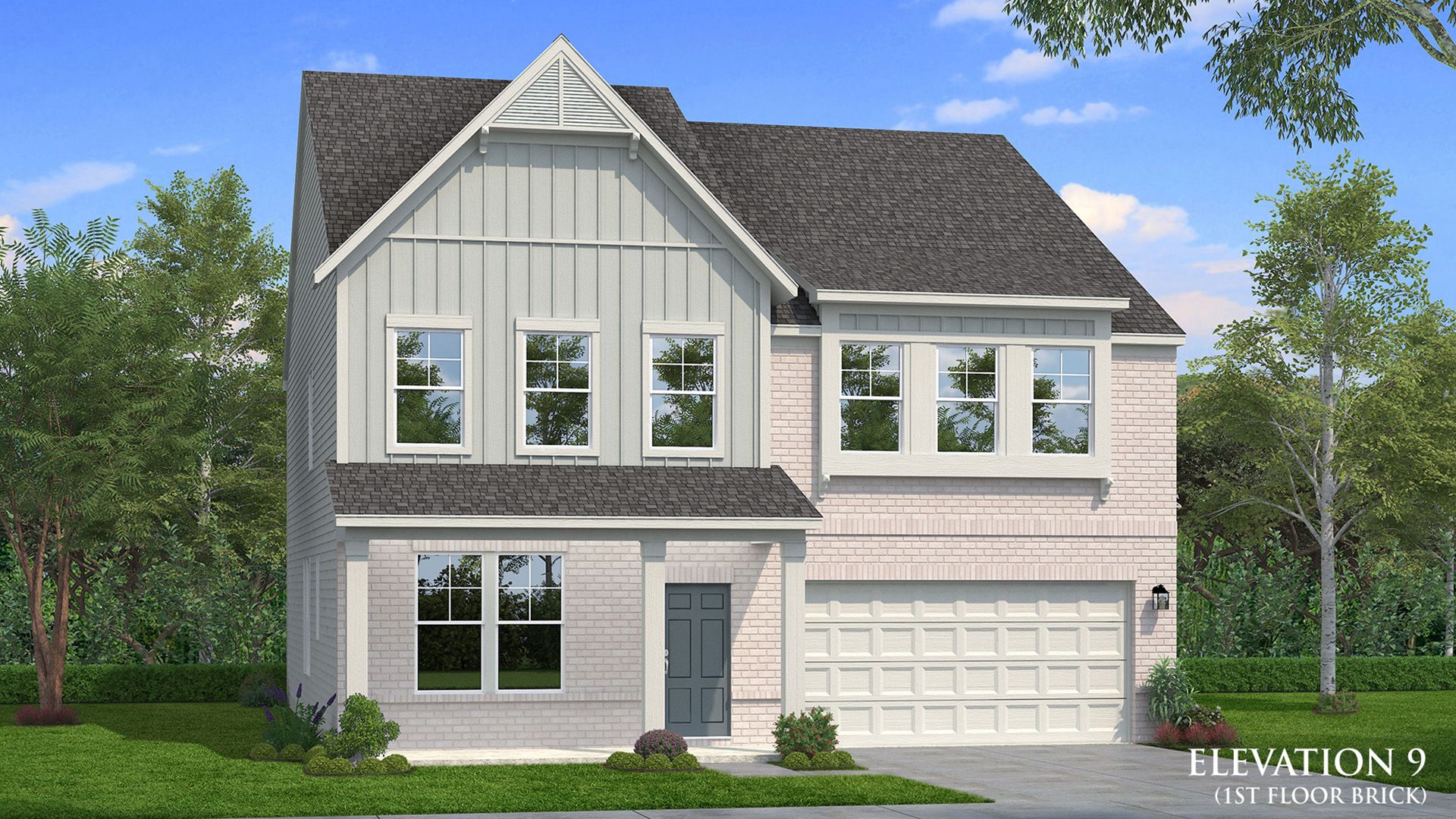 Wagener elevation 9 brick panel plan with siding feature, and two-car front-entry garage for two-story home in Conyers, GA.