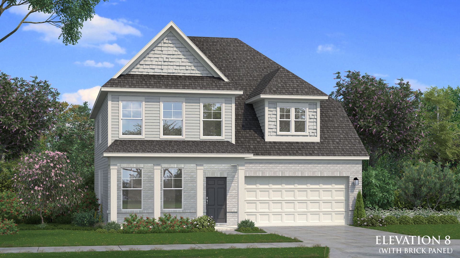 Wynwood elevation 8 brick panel two-story new construction single family home with two-car garage at Abbotts Crossing.