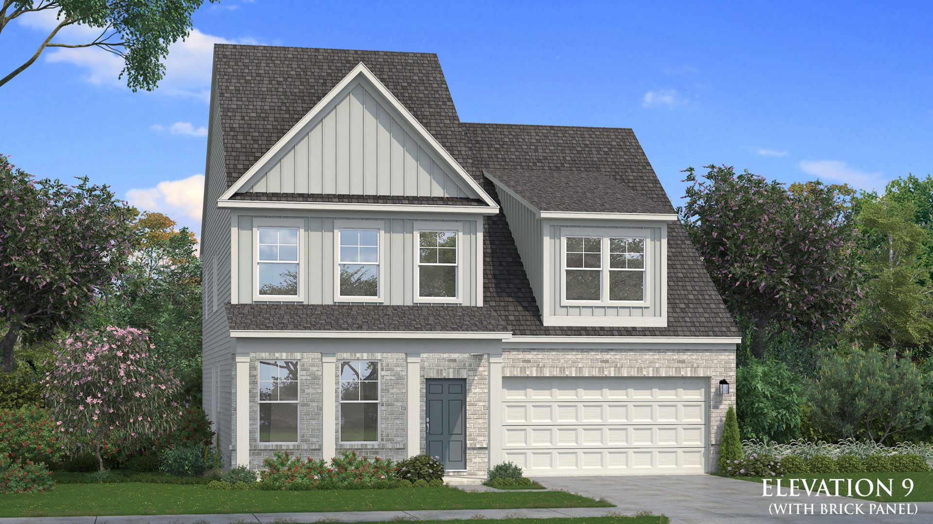 Wynwood elevation 9 exterior with first level brick feature and two-car front-entry garage at Abbotts Crossing.