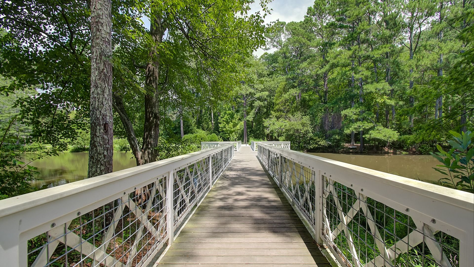 Scenic nature walking trail with pond overlook and bridge near Northcroft in Loganville, GA.