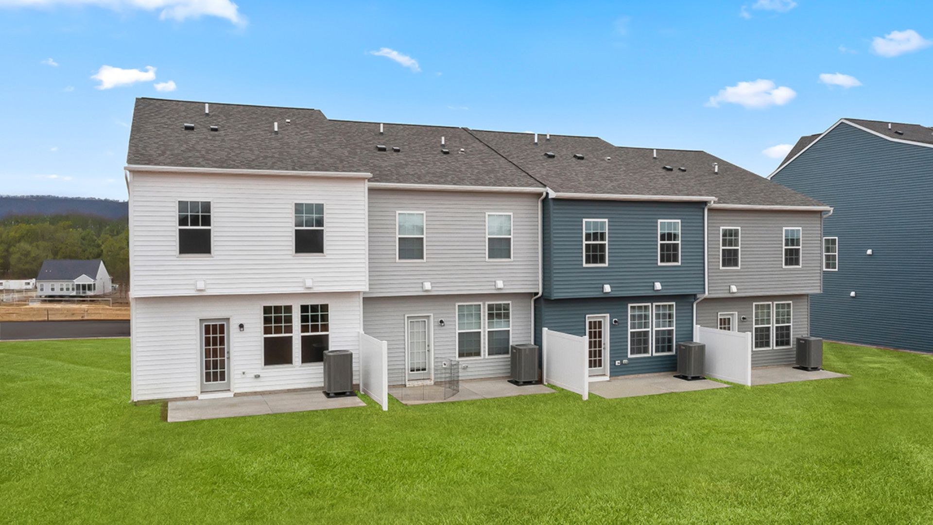Rear view of exteriors.