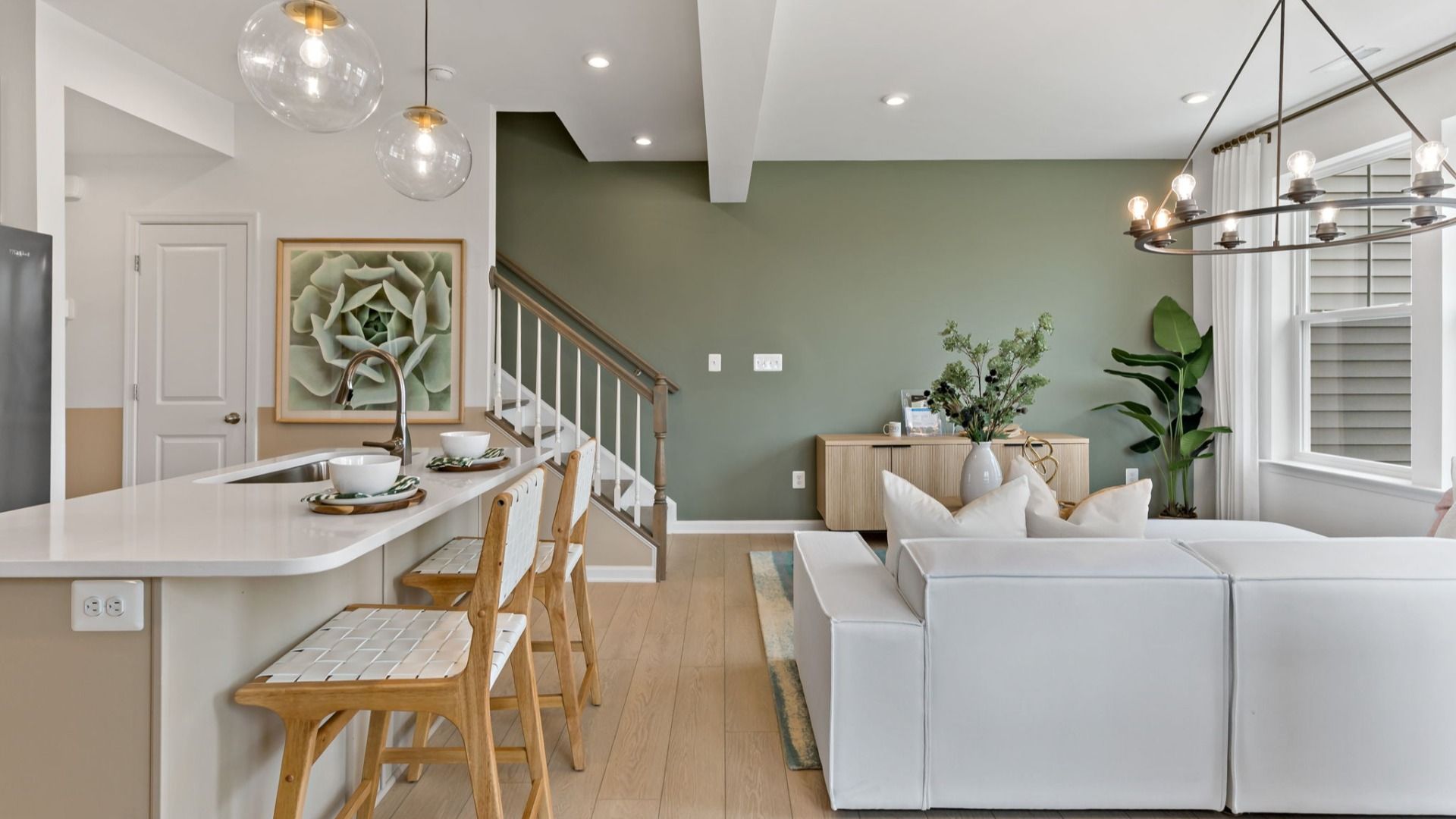 The first floor of the Lynnhaven showcasing the open concept kitchen and living space.