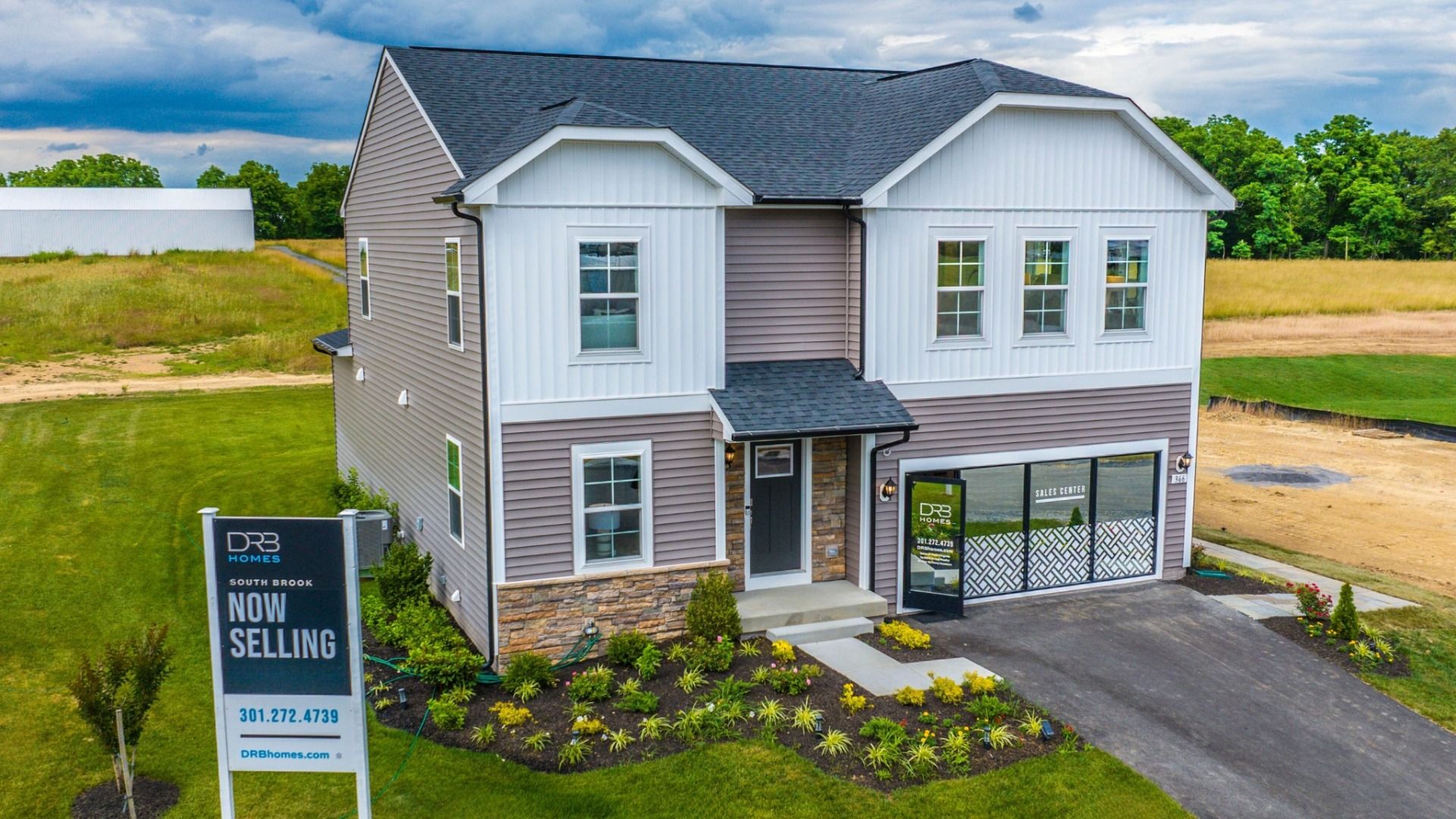 Birds-eye view of the DRB Homes at South Brook, Carnegie II Model Home located in Inwood, WV.