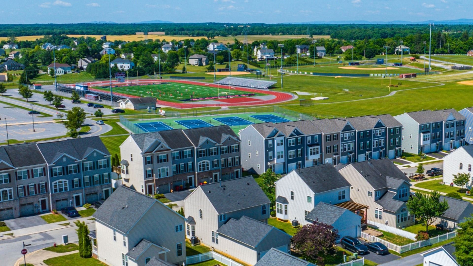 Bird's eye view of Huntfield Townhomes, which neighbors Washington High School.