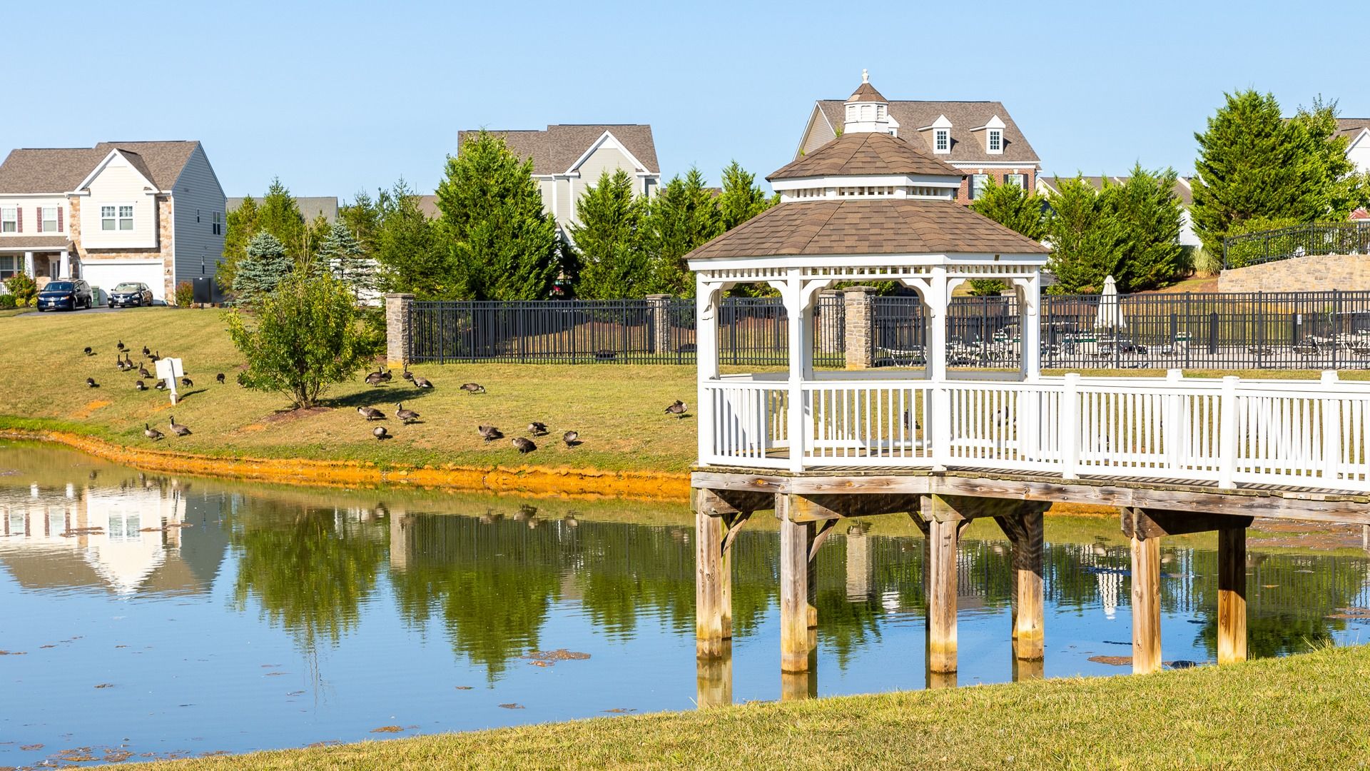 The community dock at Martinsburg Station, providing residents with water access and scenic views.