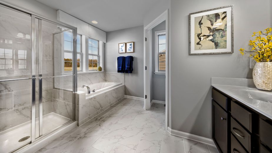Owner's bath with separate shower and tub in a DRB Homes Newbury II home plan at Huntfield.