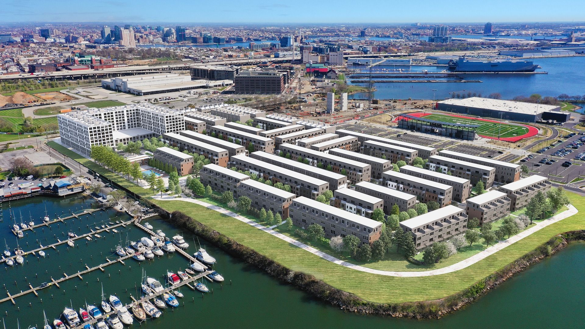 3D Aerial Rendering of Locke Landing Waterfront Townhomes in Baltimore City, MD