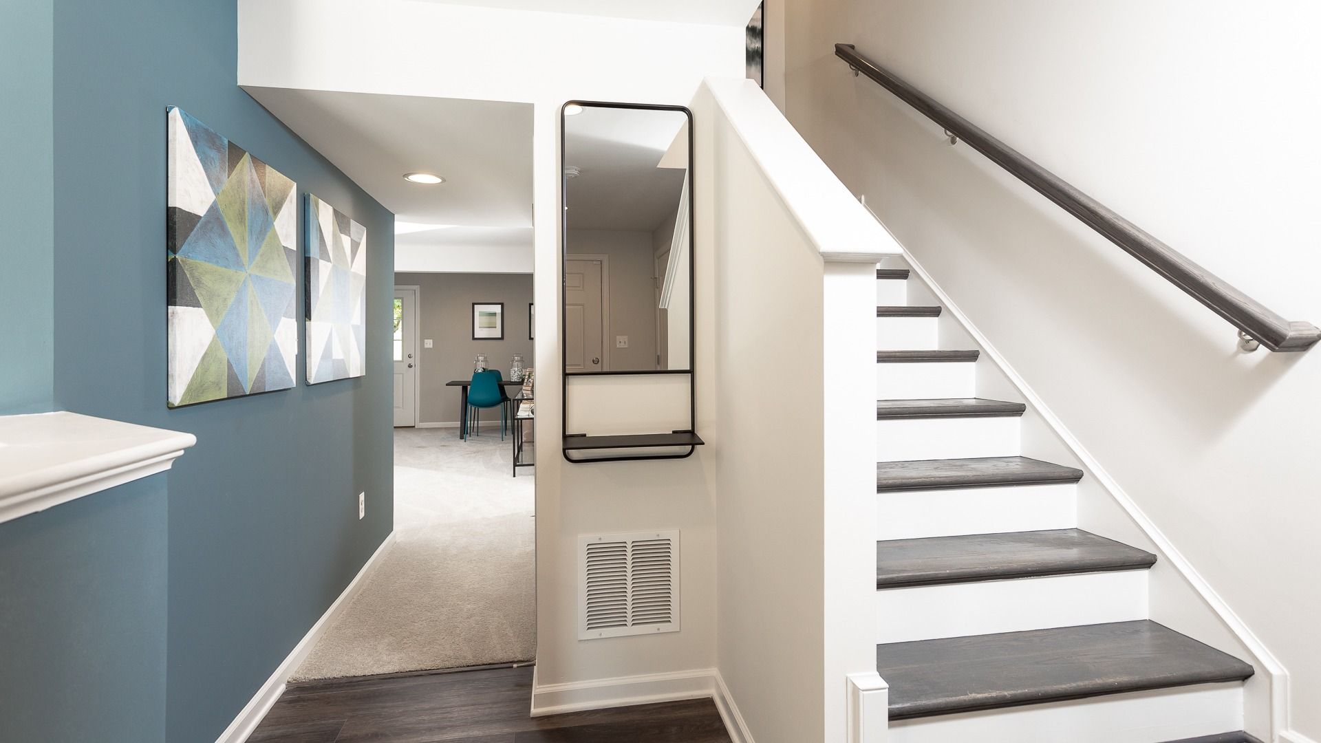 The lower-level entrance in the York II features stairs to the second floor and a flex room.