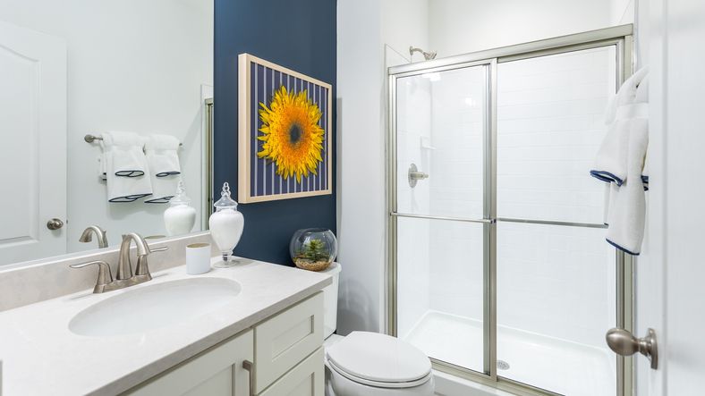 The Clemson II floor plan offers a sleek lower level full bath with a shower and single sink vanity.
