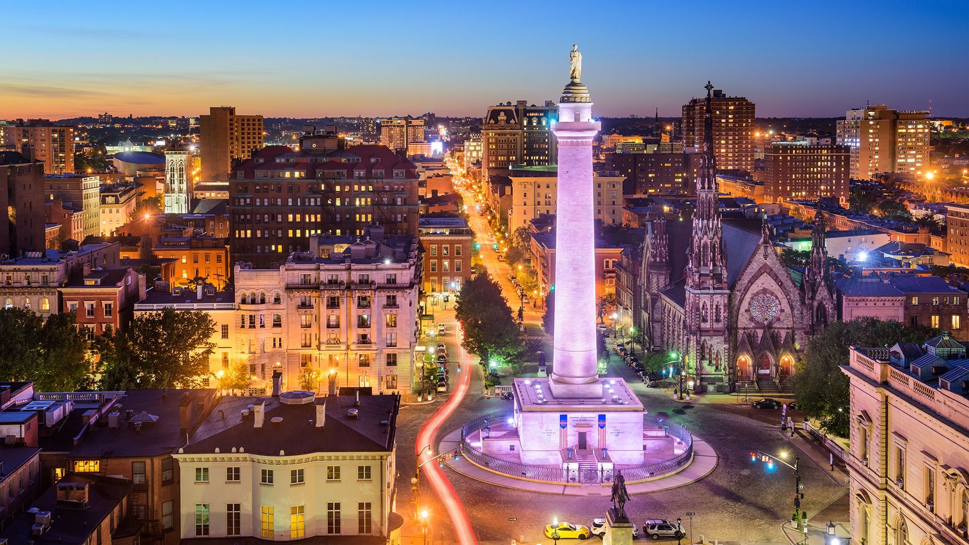 Aerial view of Baltimore at night