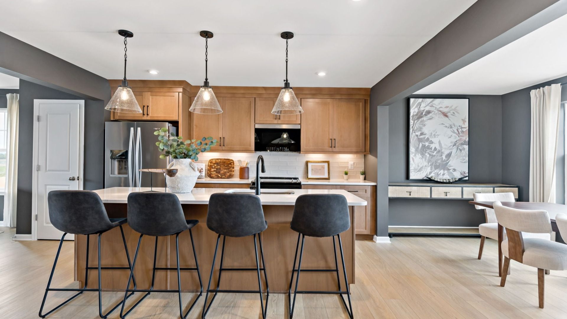 York II kitchen at King’s Crossing Townhomes. Charles Town, WV. Sleek cabinetry, spacious counters, and name-brand appliances