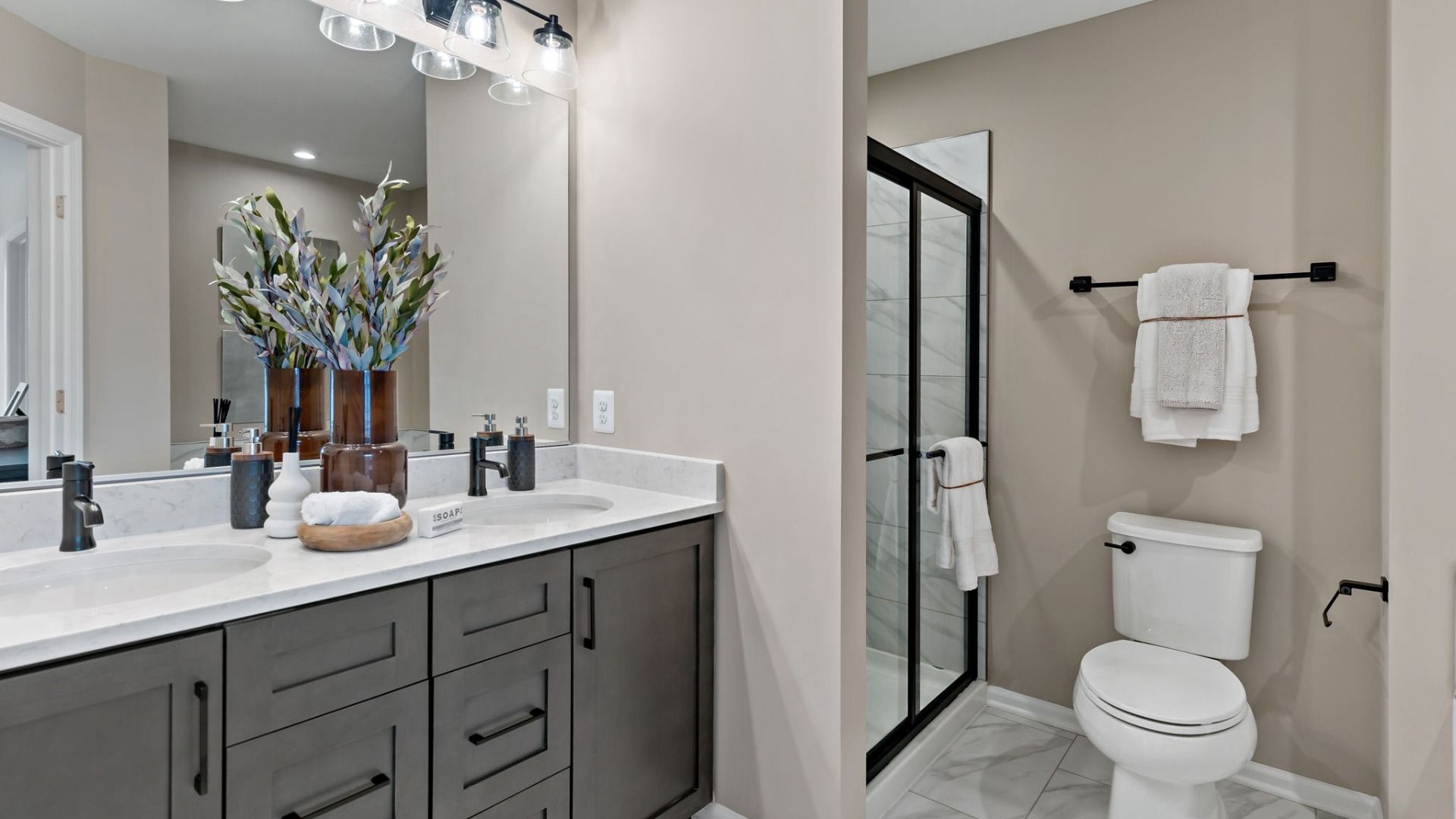 Owner's bathroom in a York II King's Crossing Townhome by DRB Homes, modern fixtures and finishes in Charles Town, WV.